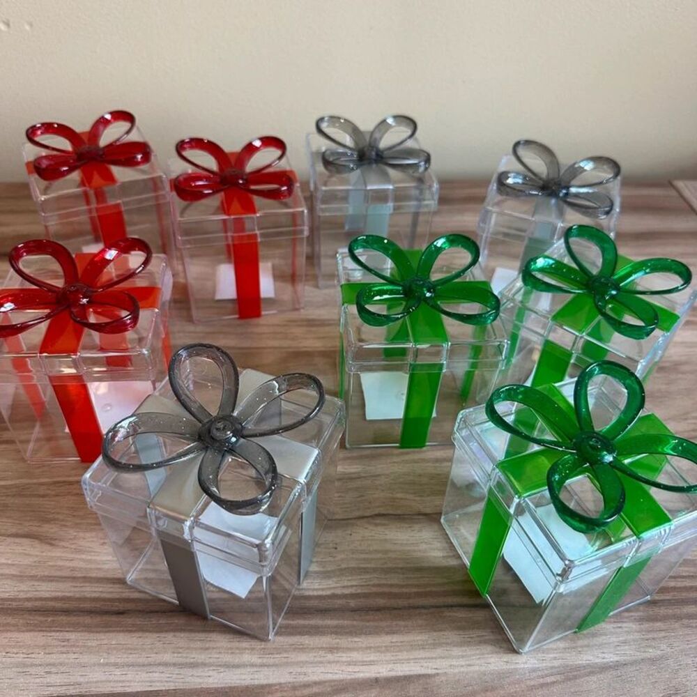 Candy Gift Boxes Set of 9 Clear Red Green Silver Bow Holiday Treat containers